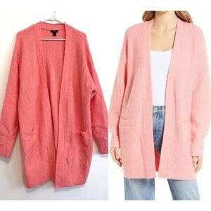 HALOGEN Cozy Knit Open Front Long Cardigan Solid Bright Pink Chunky Knit Sweater
